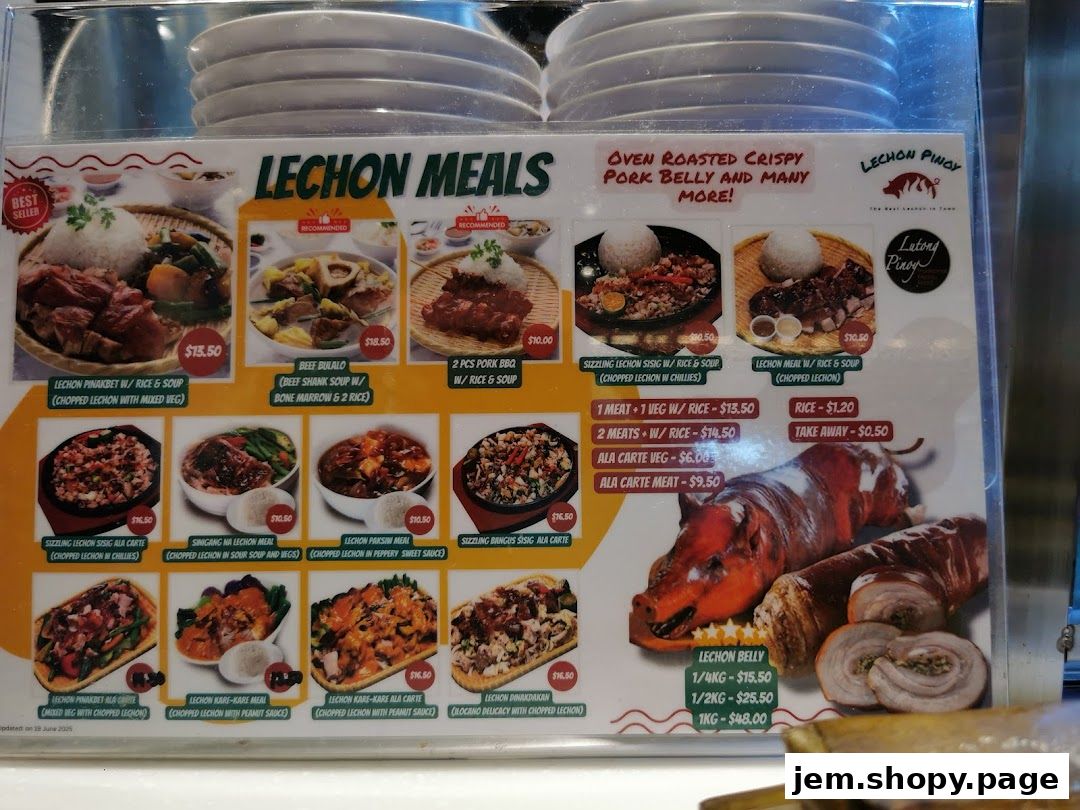 A menu board displaying various Lechon meals and dishes with prices and images.