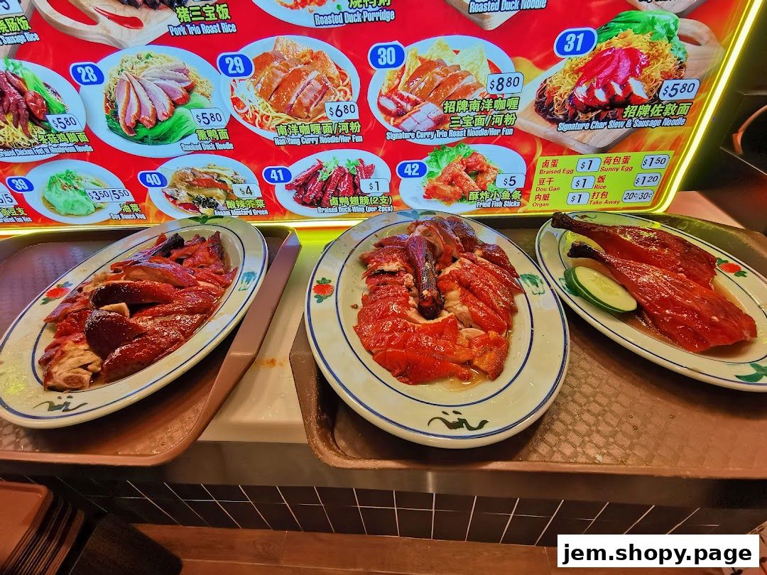 Plates of roasted duck and other dishes displayed with a menu board above.