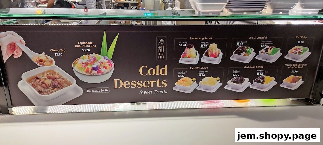 A display board showcasing various cold desserts and sweet treats with prices.