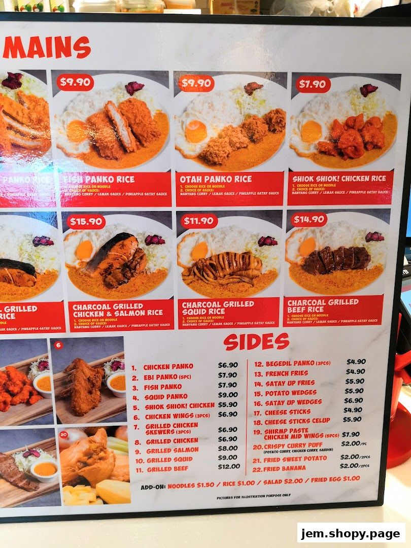 A menu board displaying 'Mains' and 'Sides' with various dishes and prices.
