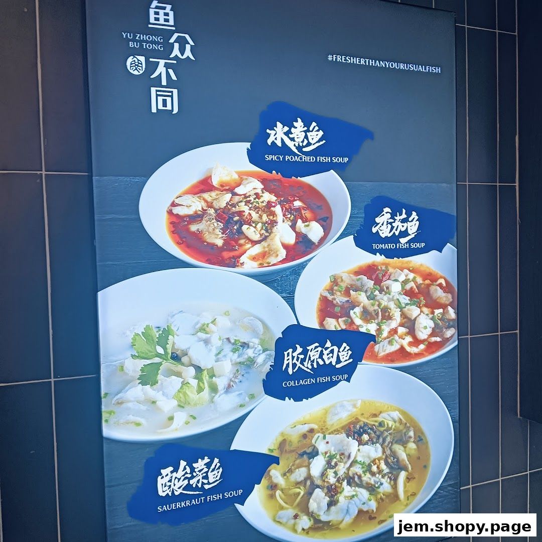 A menu board showcasing four different fish soup dishes with their names and descriptions.