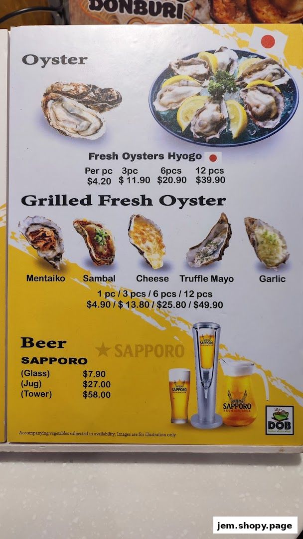 A menu featuring fresh and grilled oysters, and Sapporo beer with prices.