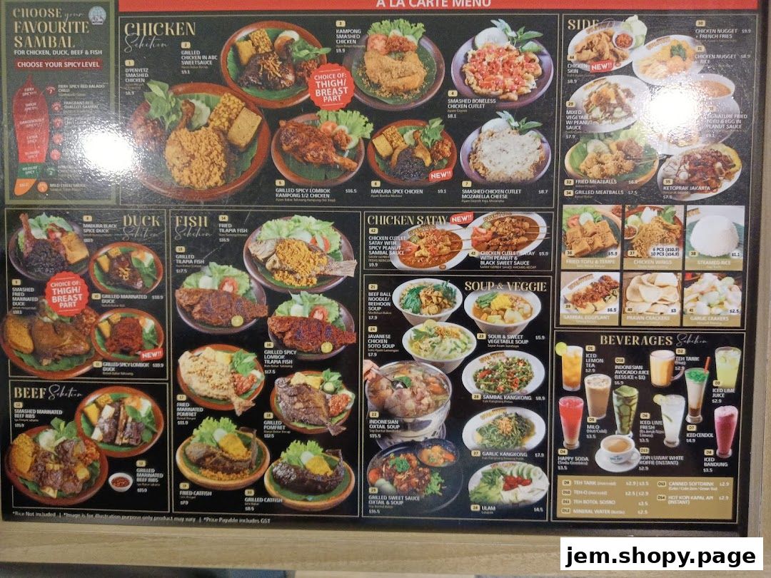 A menu board displaying a variety of Indonesian dishes, including chicken, duck, fish, and beef selections, along with soups and beverages.