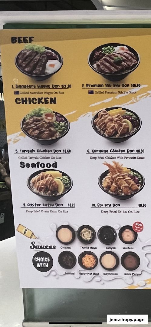 A menu board displaying various donburi dishes with beef, chicken, and seafood options, plus sauces.