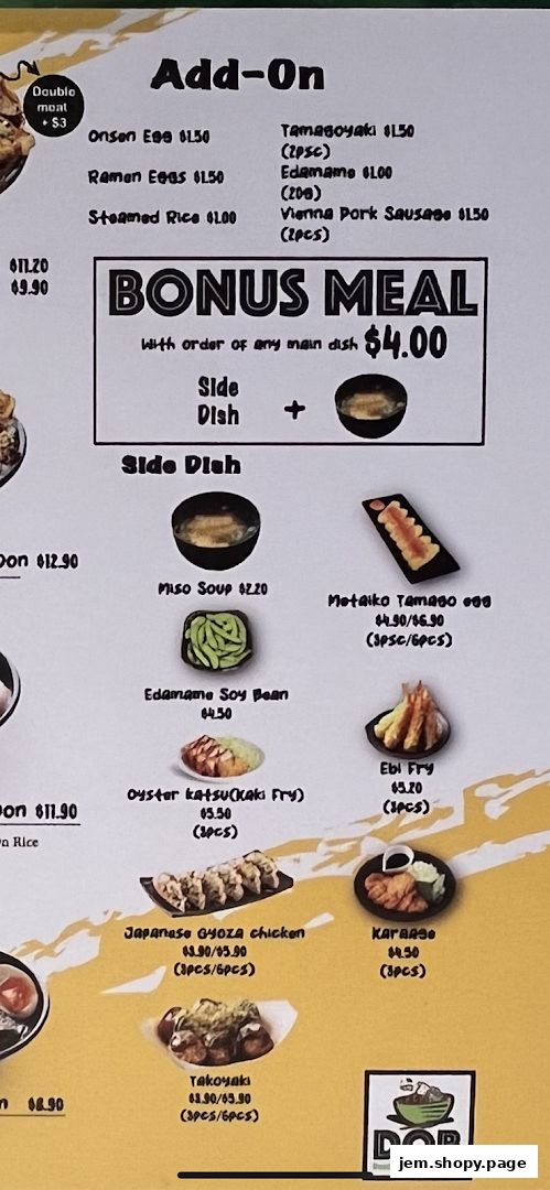 A menu board displaying add-on items, bonus meal deals, and side dishes with prices.