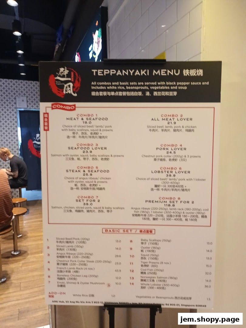A menu board for Teppanyaki dishes with various combo and basic set options.