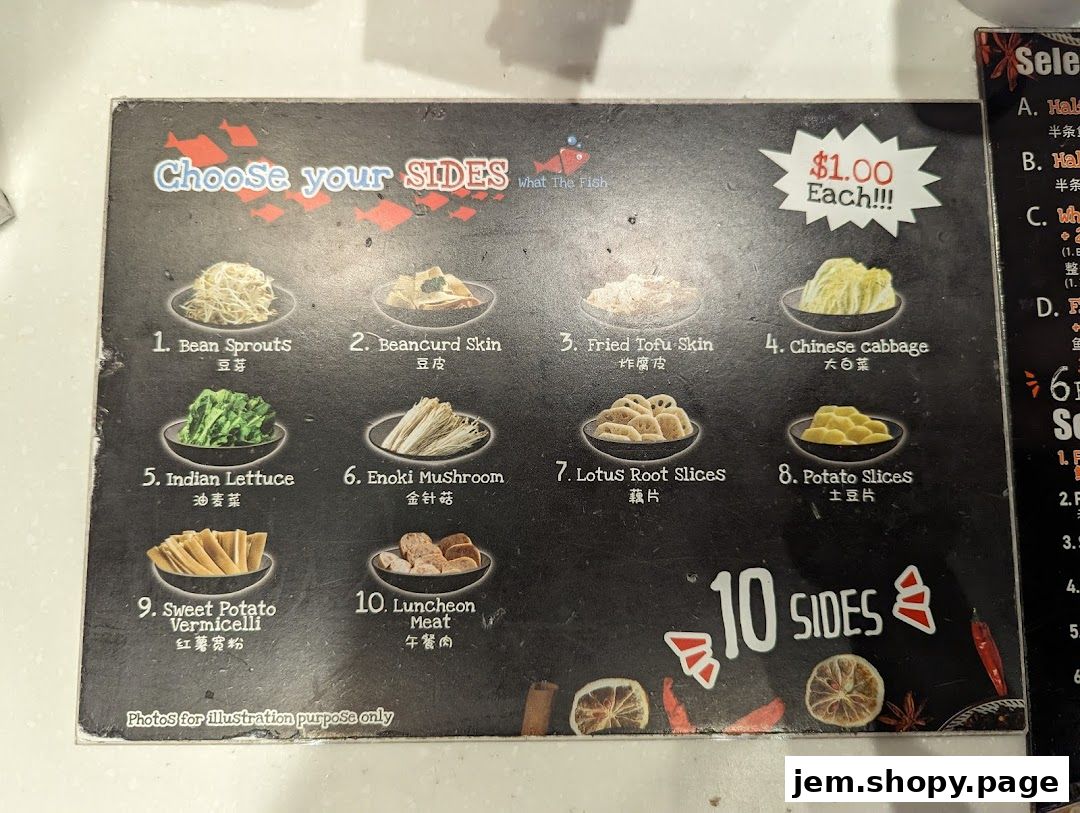 A menu board showcasing ten different side dishes with prices and images.