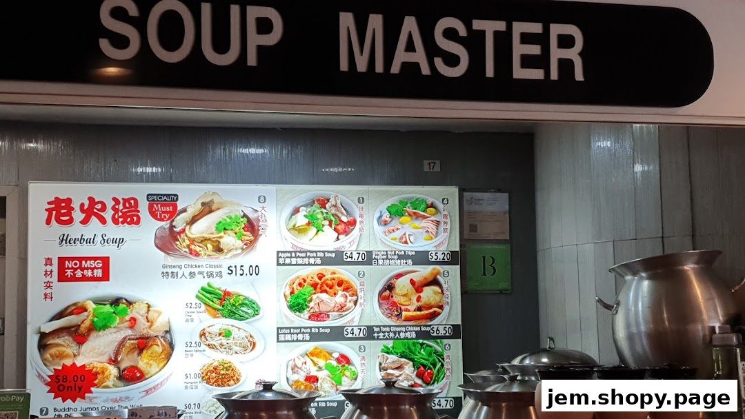 A menu board for 'Soup Master' featuring various herbal soups with prices and images.