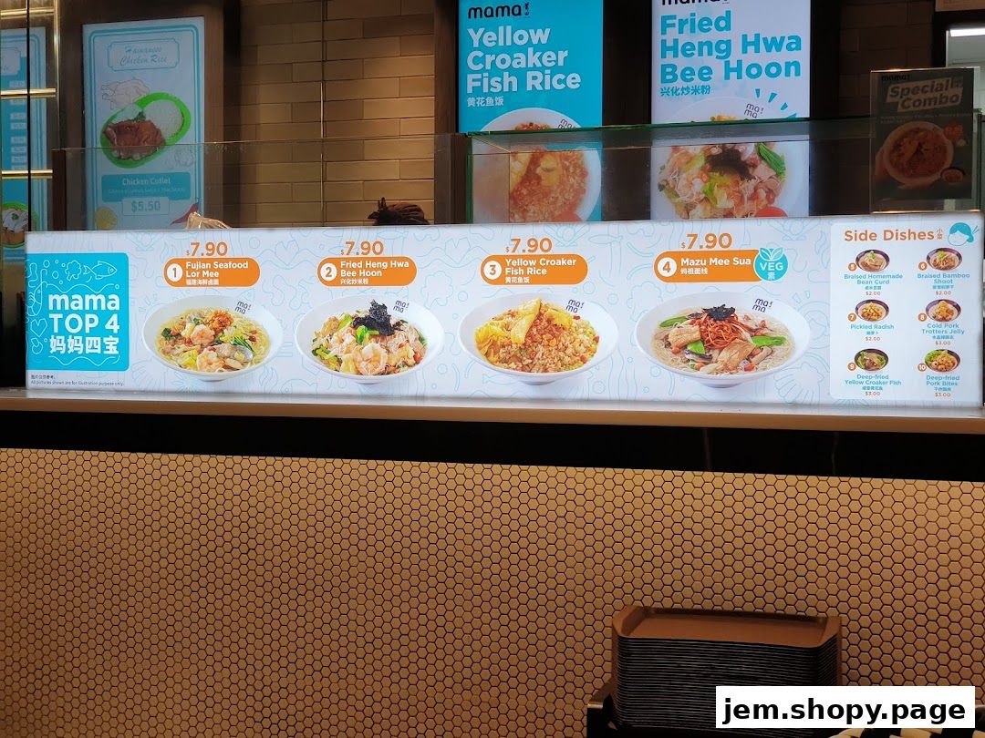A food stall menu displaying popular dishes and side orders with prices.