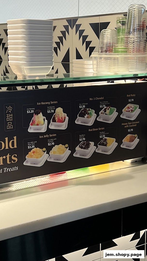 A menu board displaying various ice dessert options with prices.