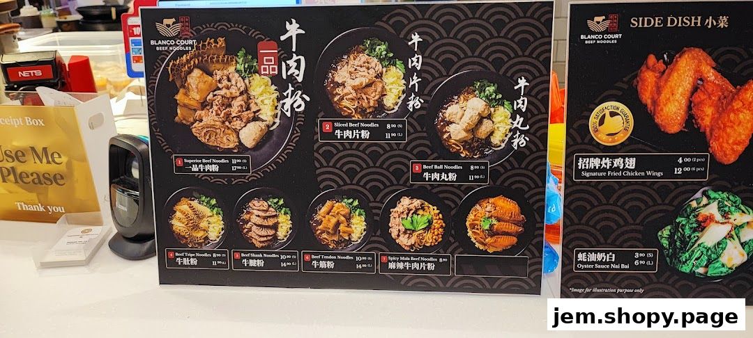 A menu board displaying various beef noodle dishes and side dishes from Blanco Court.