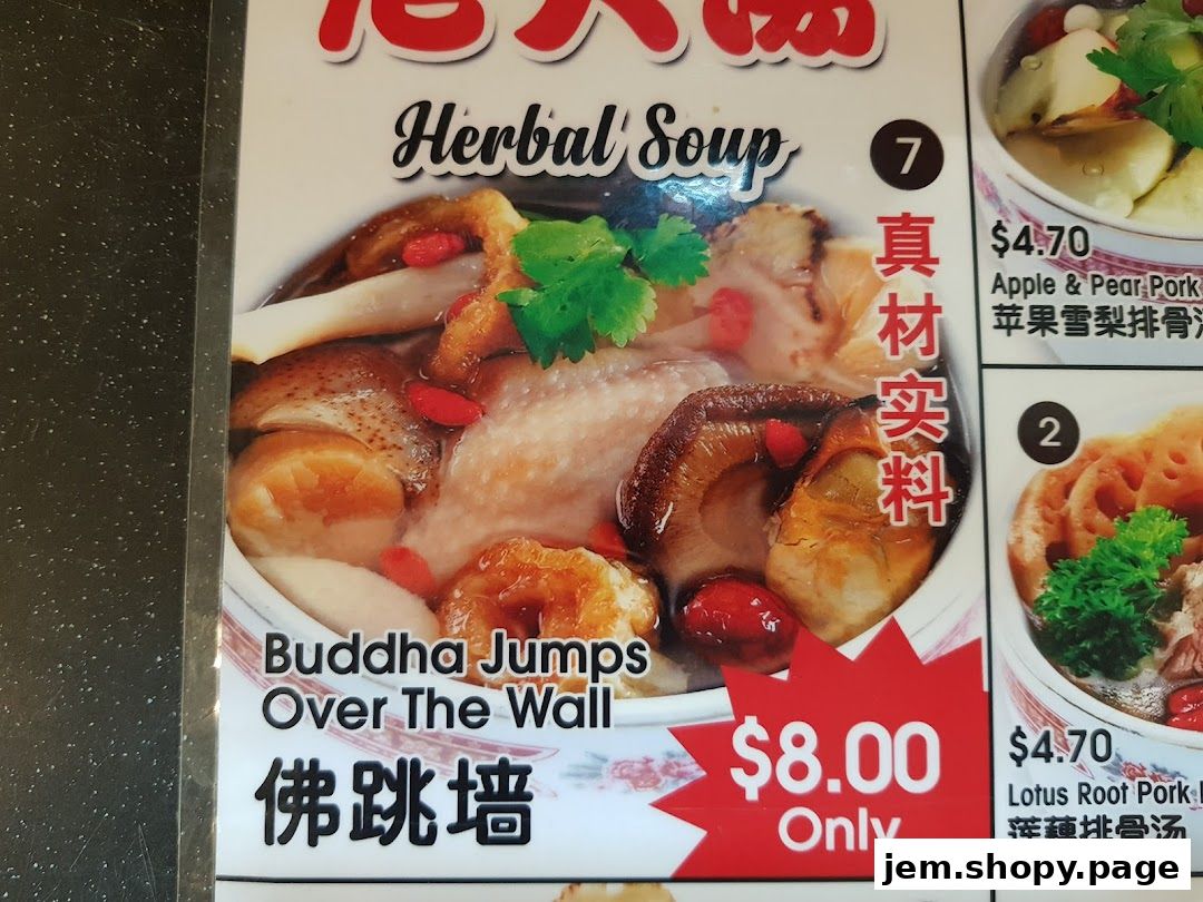 A menu board showcasing various herbal soups with prices and descriptions.