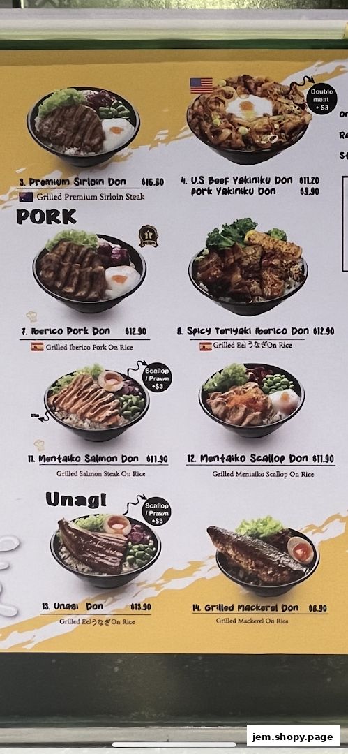 A menu board displaying various donburi dishes with images and prices.