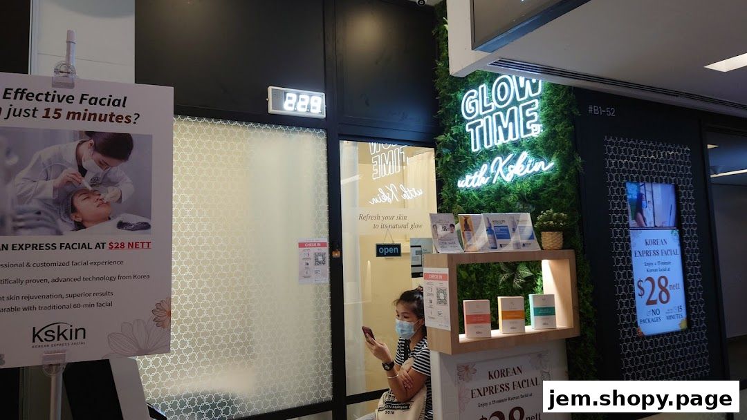 Kskin Korean Express Facial shop front with neon sign and promotional posters.