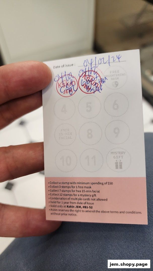 A loyalty card from Kskin Korean Express Facial with stamps and rewards.