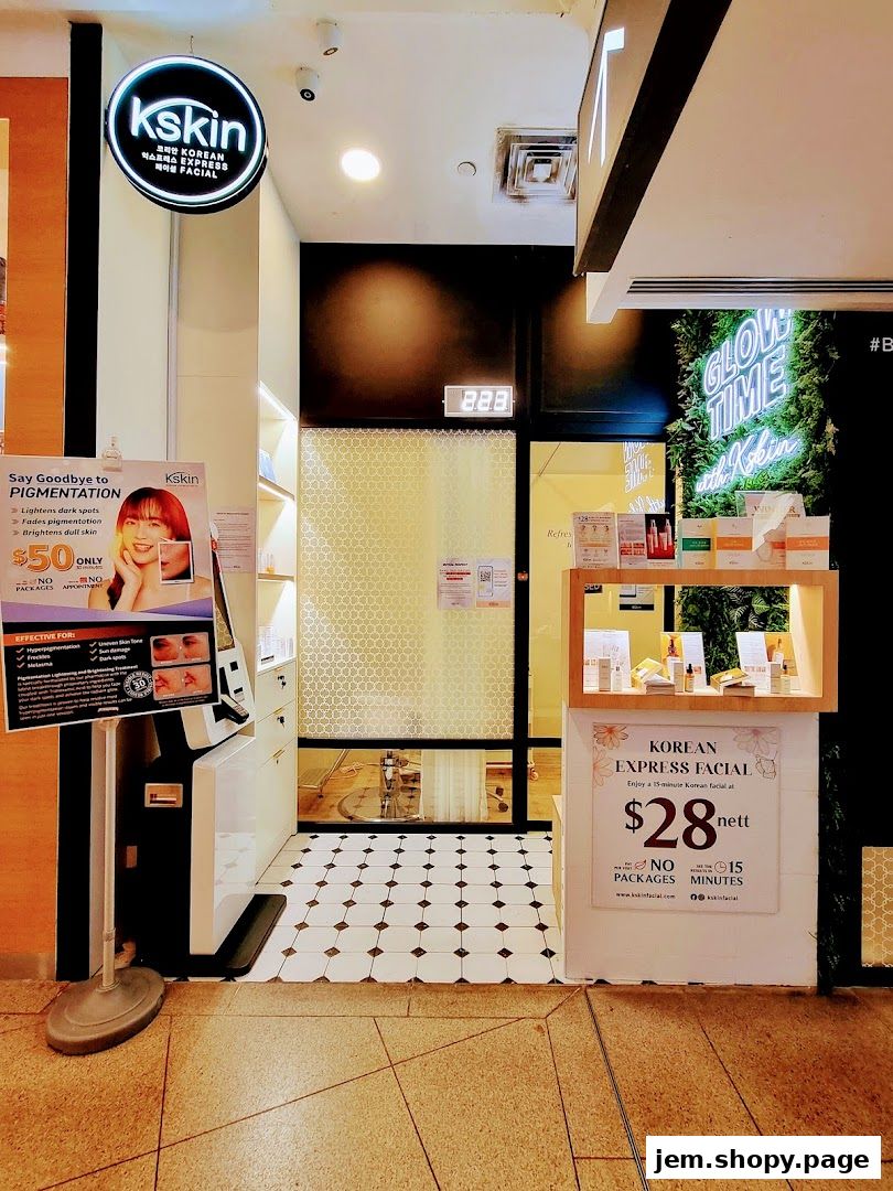The entrance of Kskin Korean Express Facial shop with promotional posters and product displays.