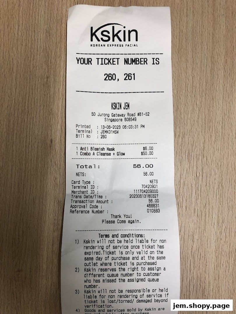 A receipt from Kskin Korean Express Facial showing purchased items and transaction details.