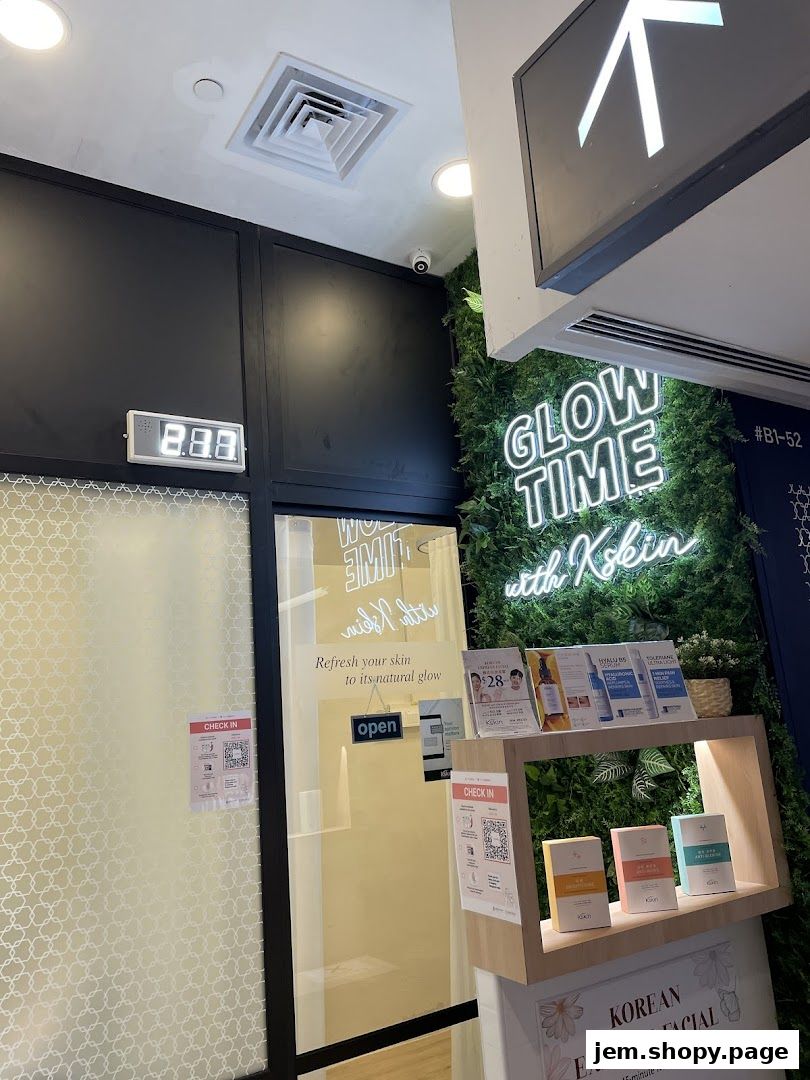 Entrance of Kskin Korean Express Facial with neon sign and product display.