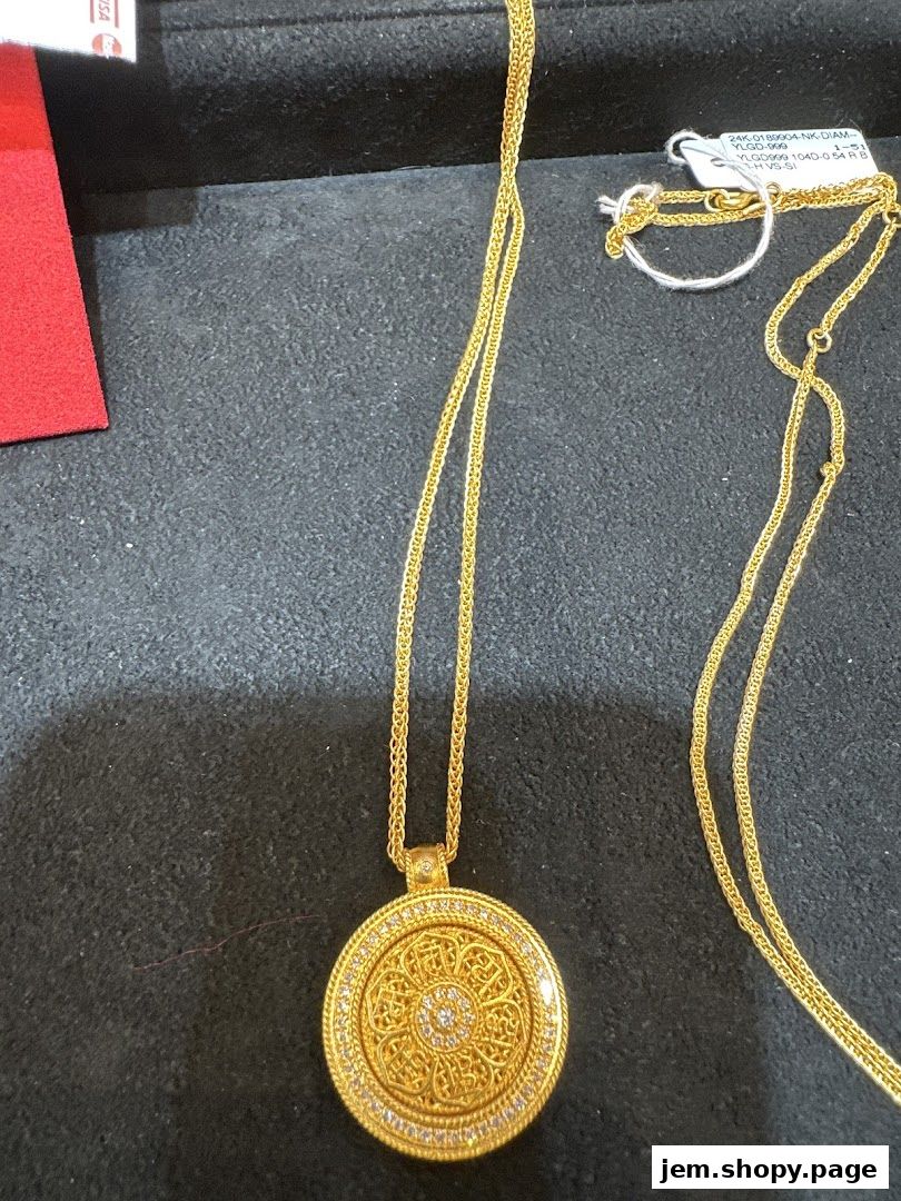 A close-up of an ornate gold pendant necklace with intricate detailing and small diamonds.