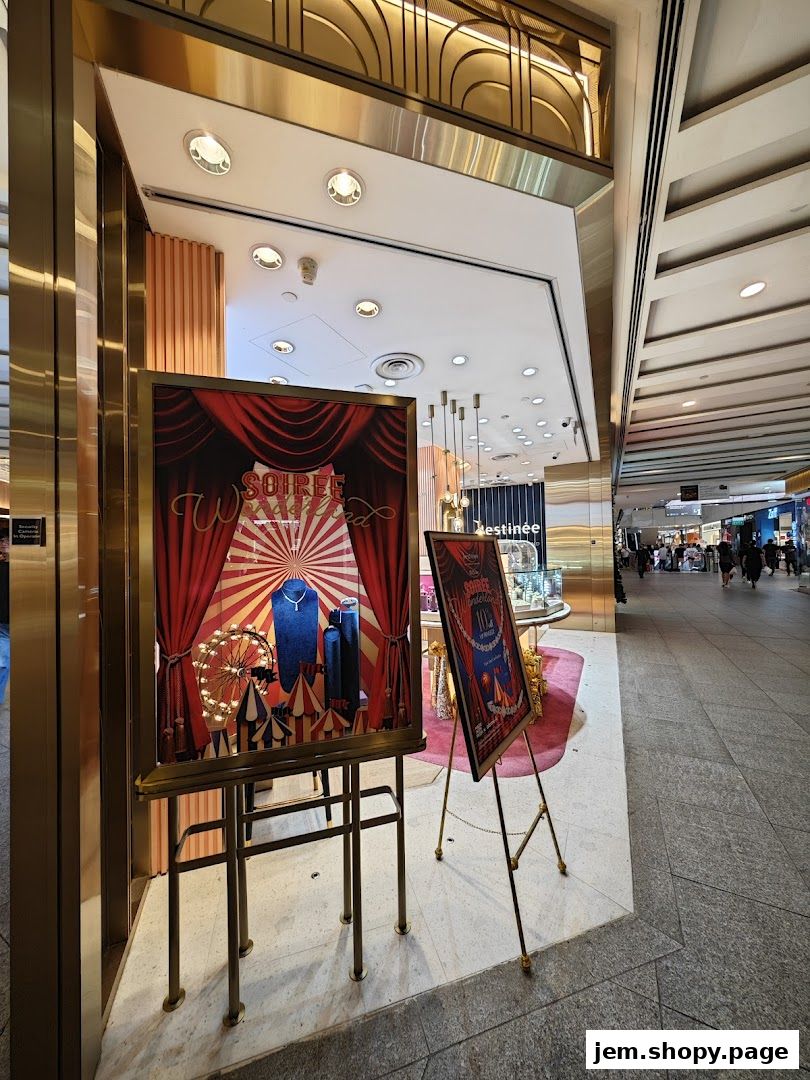 Lee Hwa Jewellery shop front with a circus-themed display and promotional posters.