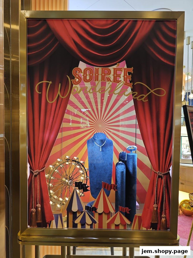 A jewelry store window display with a circus theme, featuring necklaces and bracelets.