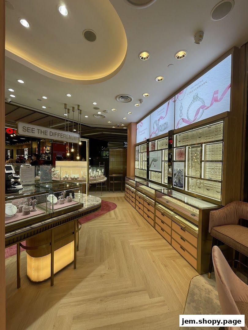 Interior view of a well-lit jewelry store with display cases and seating.