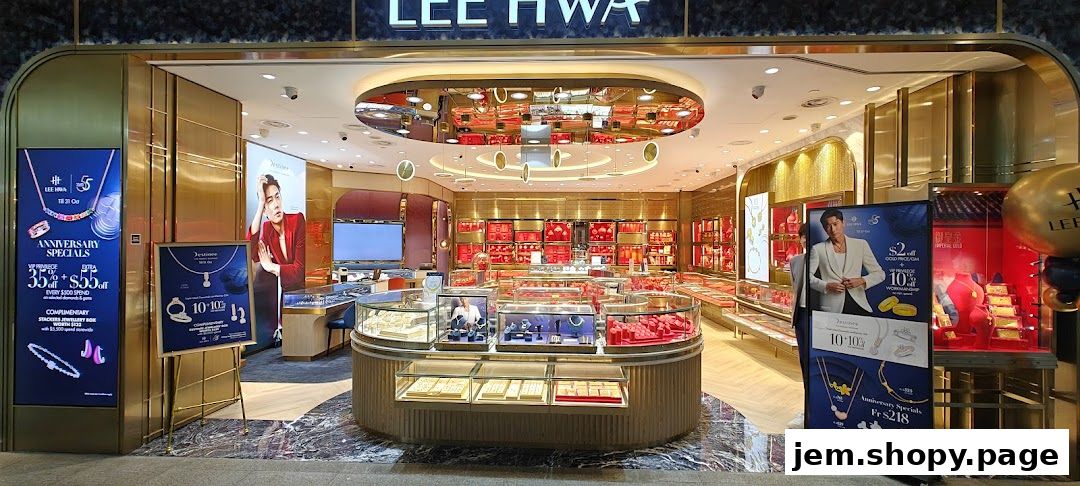 Exterior view of Lee Hwa Jewellery store showcasing displays of jewelry and promotional banners.