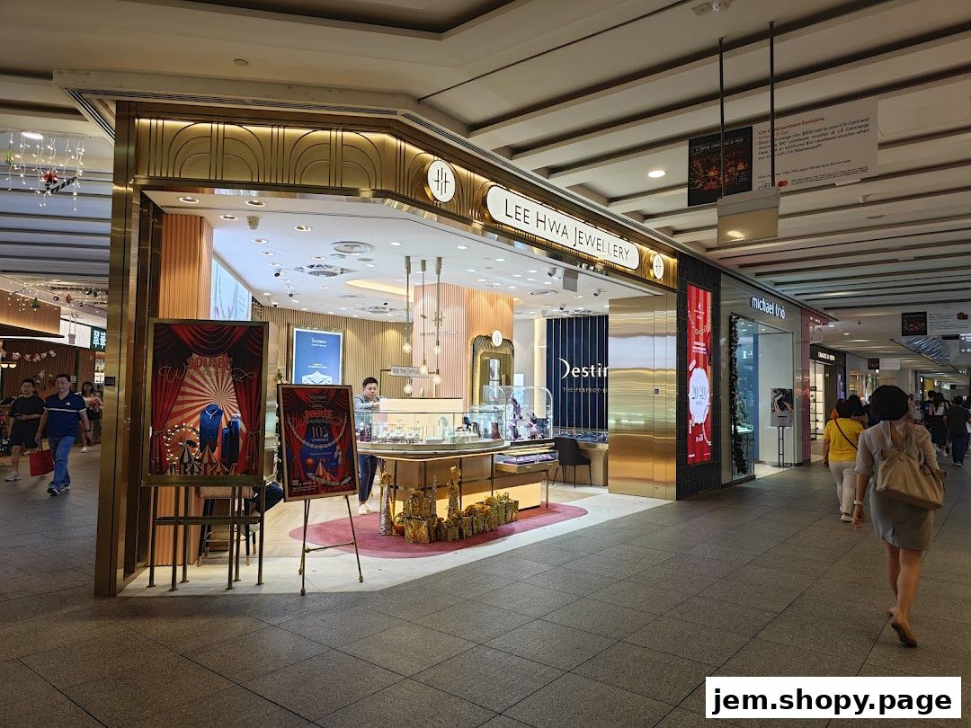 The exterior of Lee Hwa Jewellery shop with displays and a person inside.