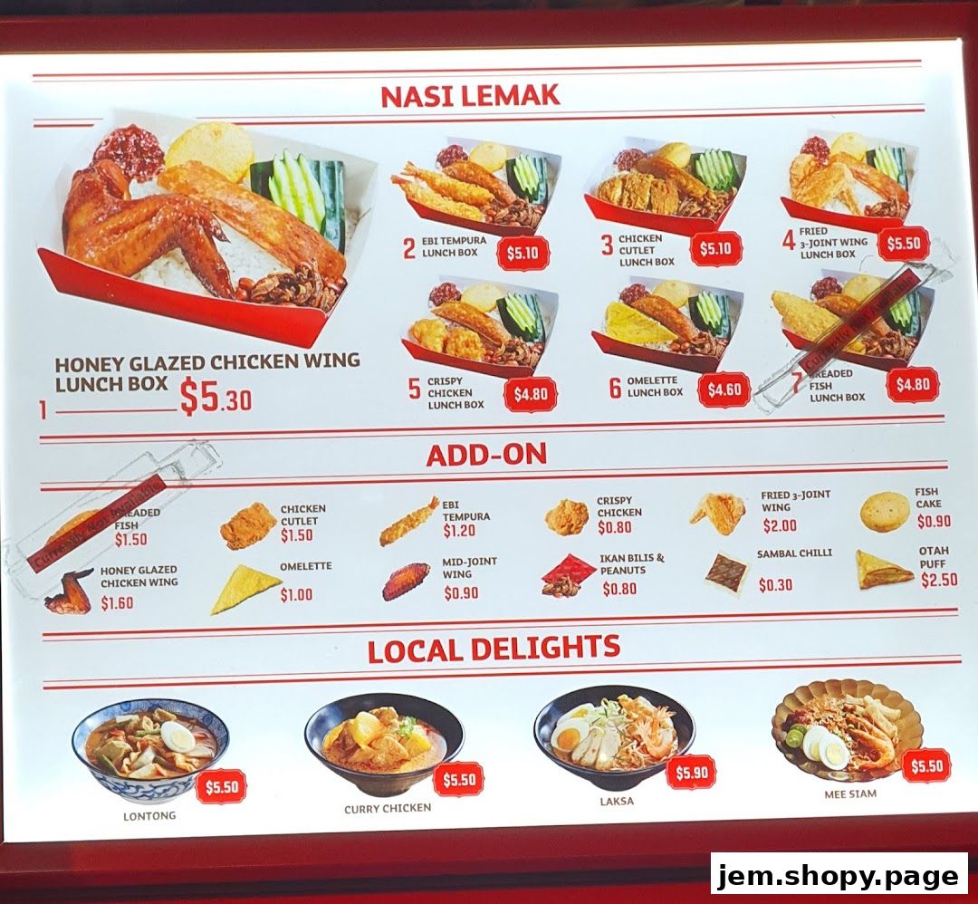 A menu board displaying various nasi lemak, add-ons, and local delights with prices.