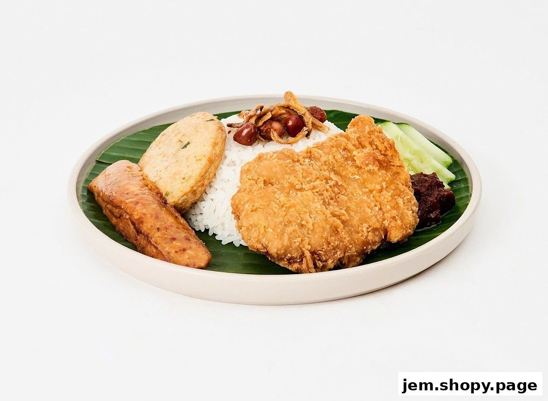 A plate of Nasi Lemak with fried chicken, otah, and sambal.