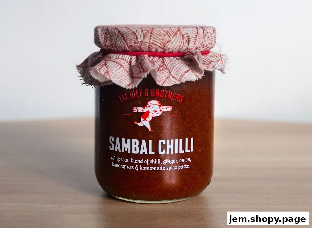 A jar of Lee Wee & Brothers Sambal Chilli with a decorative cloth lid.