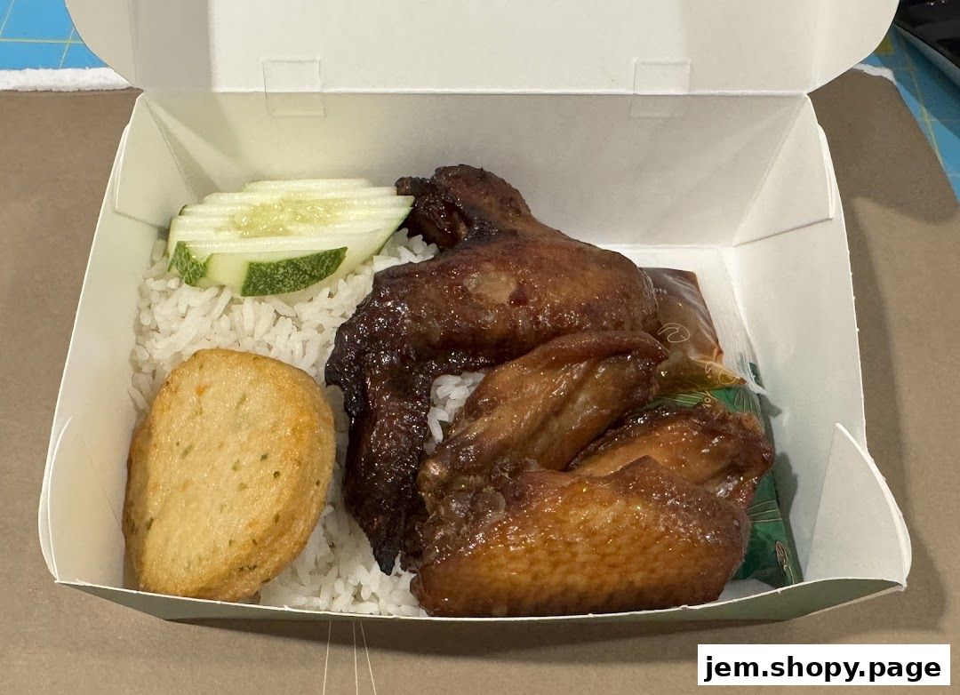 A takeout box filled with rice, chicken wings, a fish cake, and cucumber slices.