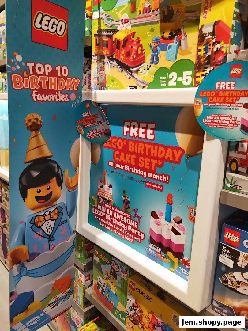 LEGO store display featuring birthday promotions and popular LEGO sets.
