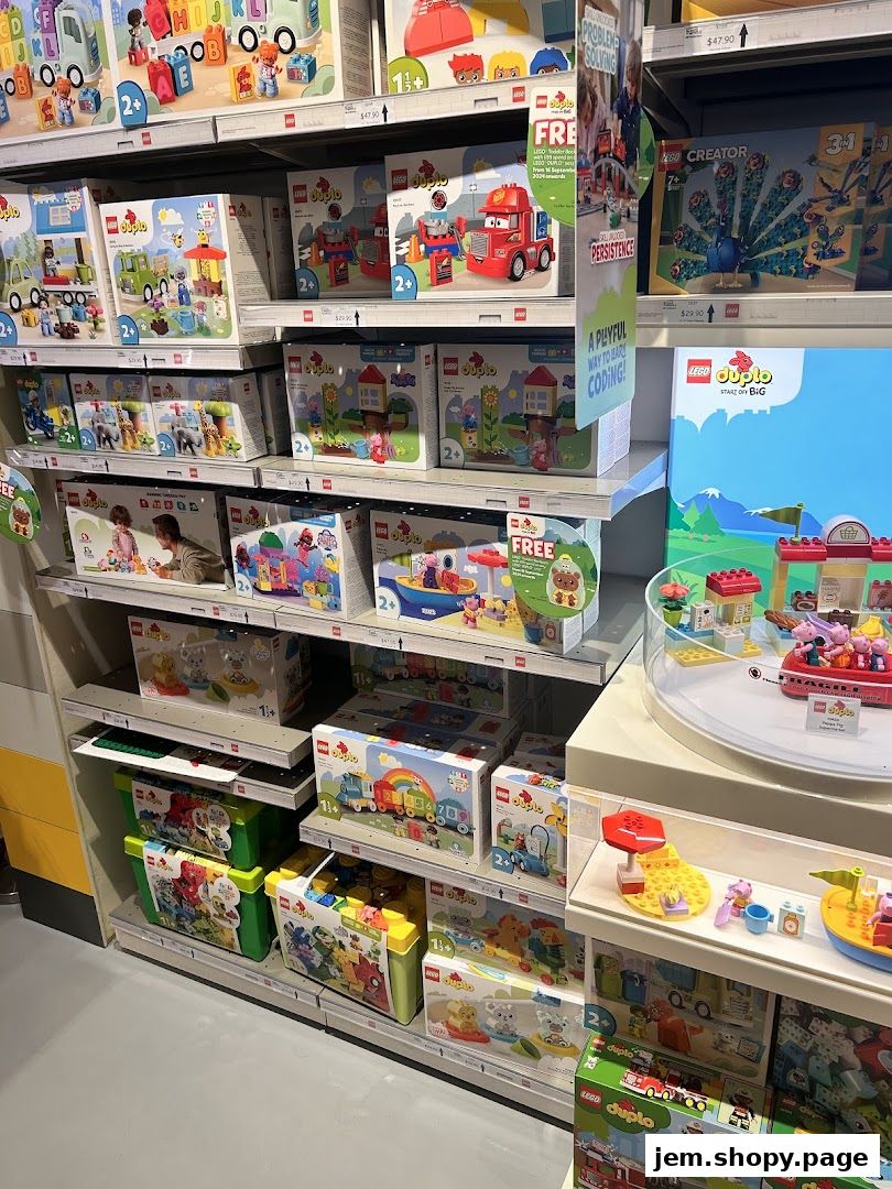 Shelves filled with various LEGO Duplo and Creator sets, showcasing colorful building toys for children.