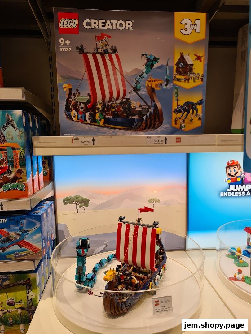 LEGO Creator Viking ship set and other LEGO products displayed in a store.