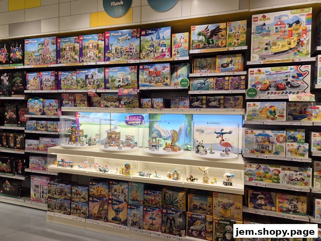 A wide selection of LEGO sets displayed on shelves, including Friends, Duplo, and Creator themes.