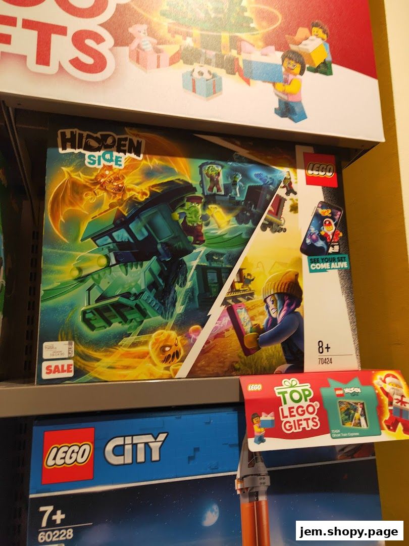 LEGO Hidden Side and LEGO City sets displayed on shelves, with promotional signage.
