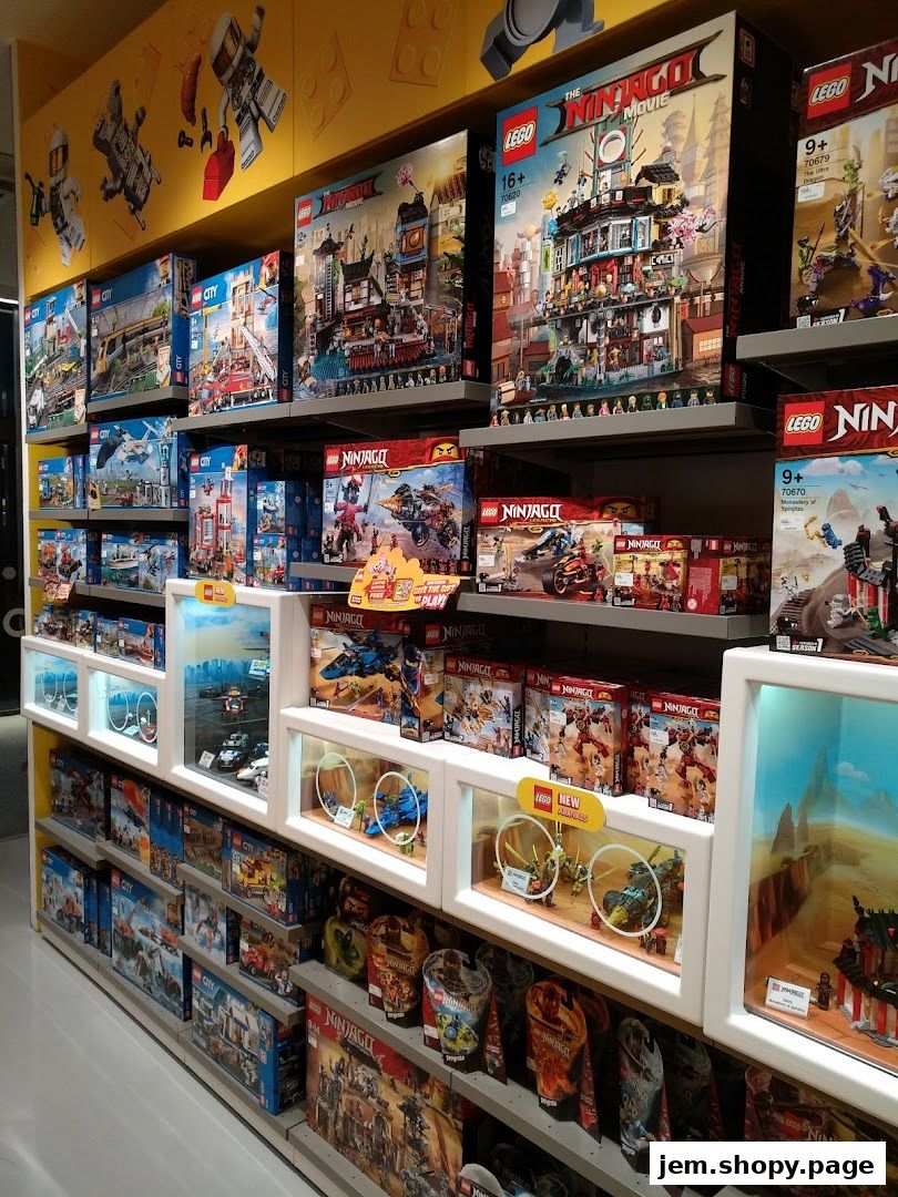 Shelves filled with various LEGO Ninjago and City sets, showcasing detailed models and packaging.