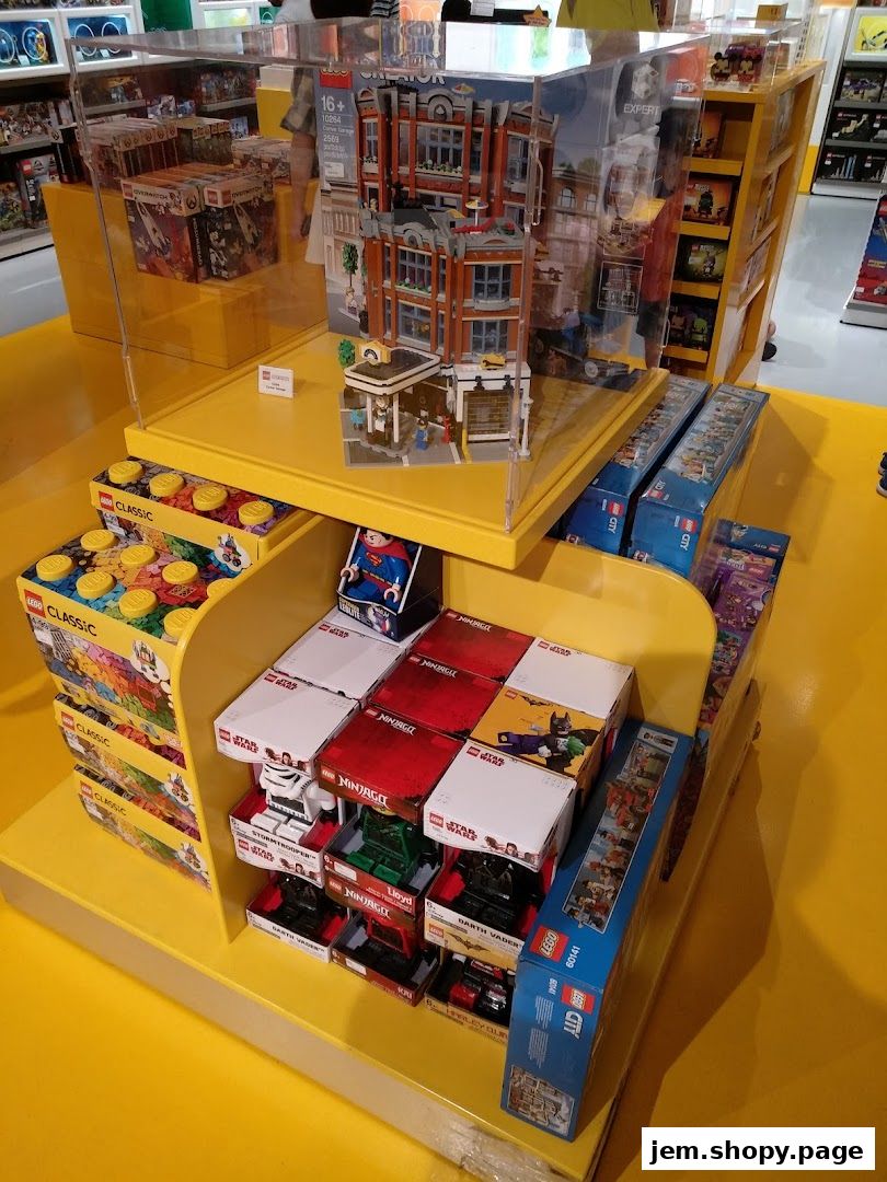 A display of various LEGO sets, including Creator, Ninjago, and Star Wars themes.