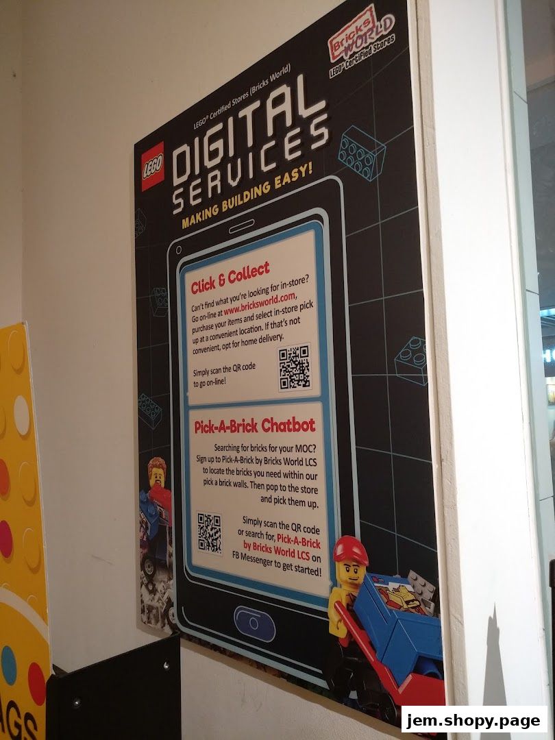 A sign for LEGO Certified Store Bricks World promoting digital services like Click & Collect and a chatbot.
