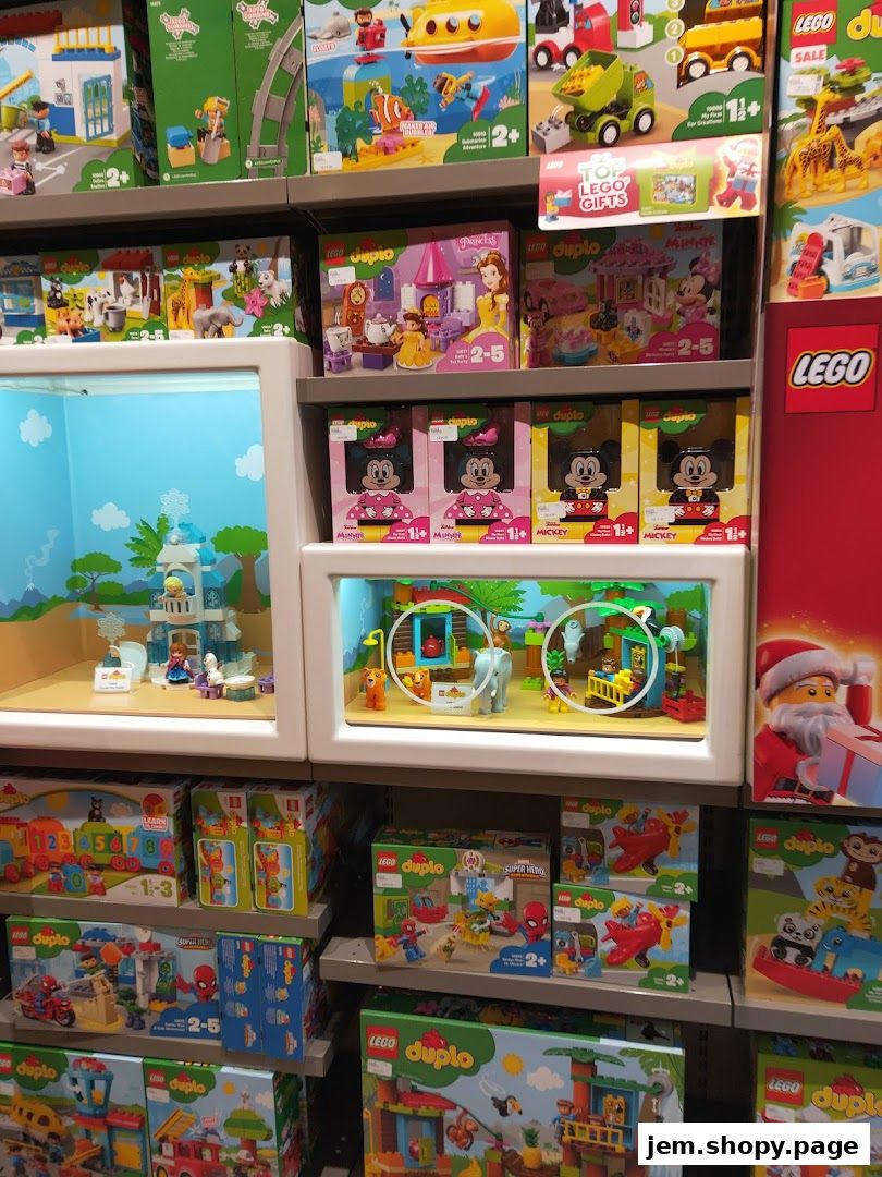 Shelves filled with various LEGO Duplo and other LEGO sets, including Disney Princess and Mickey Mouse themes.