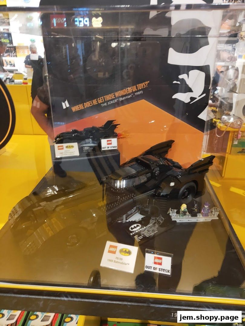 LEGO 1989 Batmobile display with 'Out of Stock' labels.