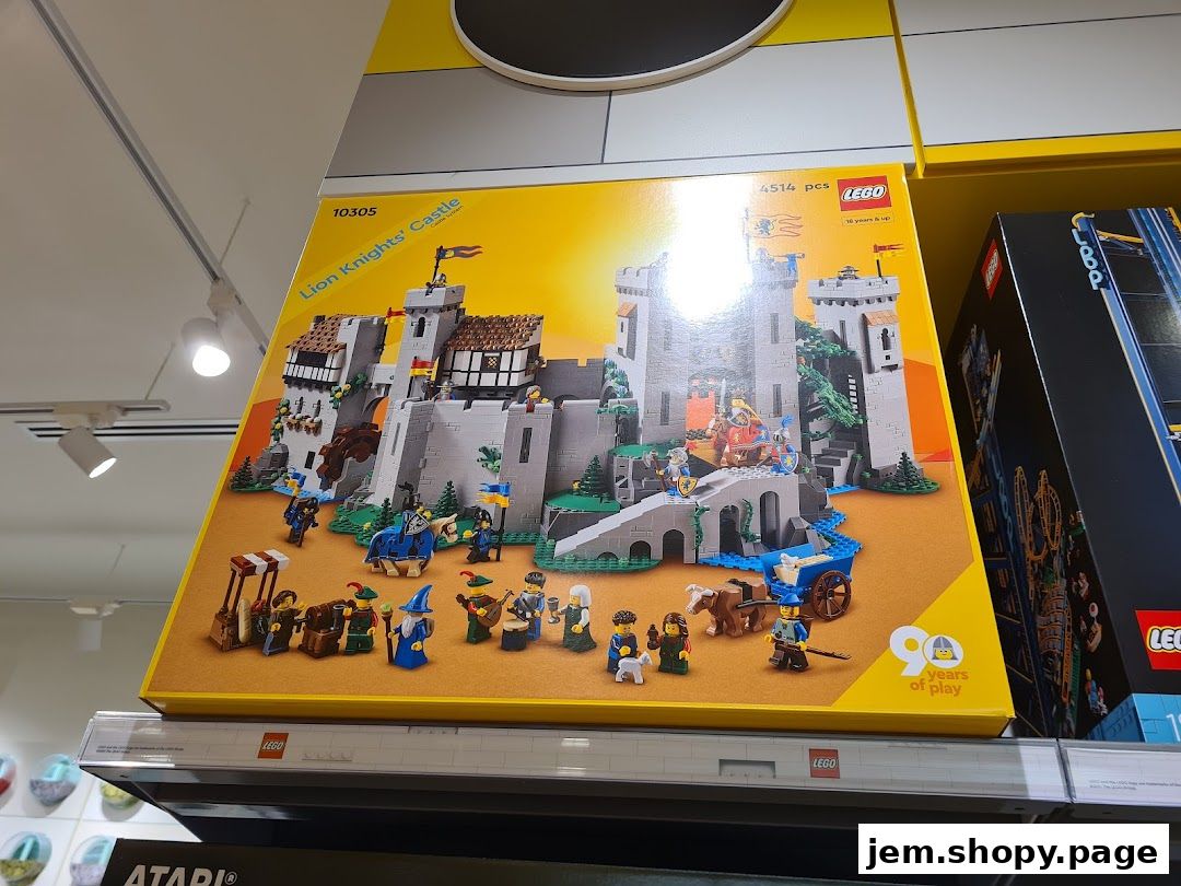 A LEGO Lion Knights' Castle set box is displayed prominently on a shelf.