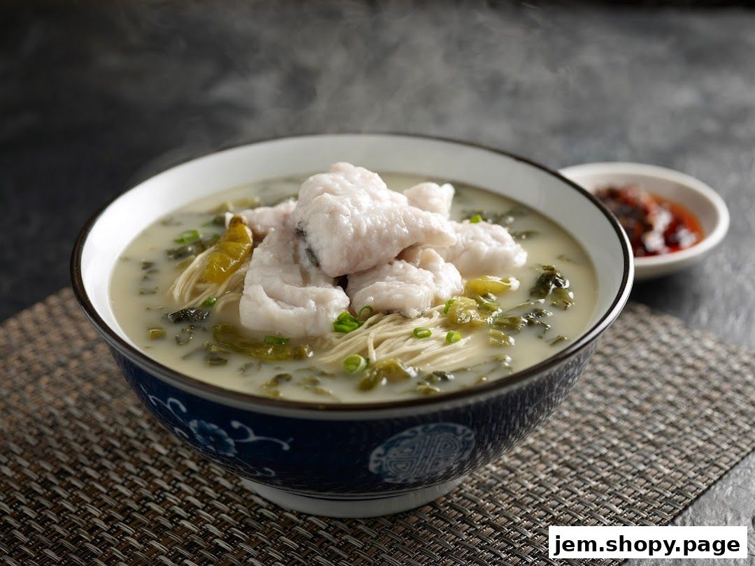 A steaming bowl of fish noodle soup with pickled vegetables and a side of chili paste.