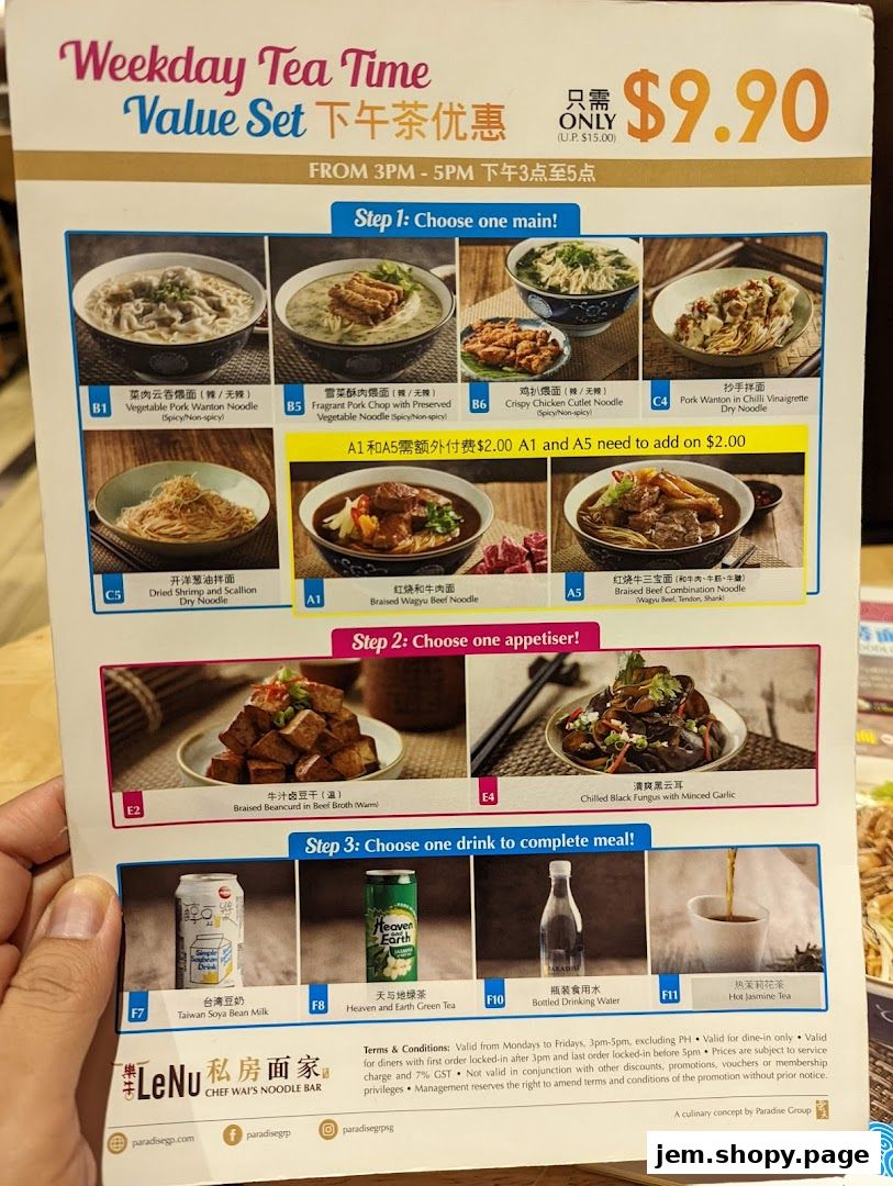 A menu for LeNu Chef's Noodle Bar featuring a Weekday Tea Time Value Set.