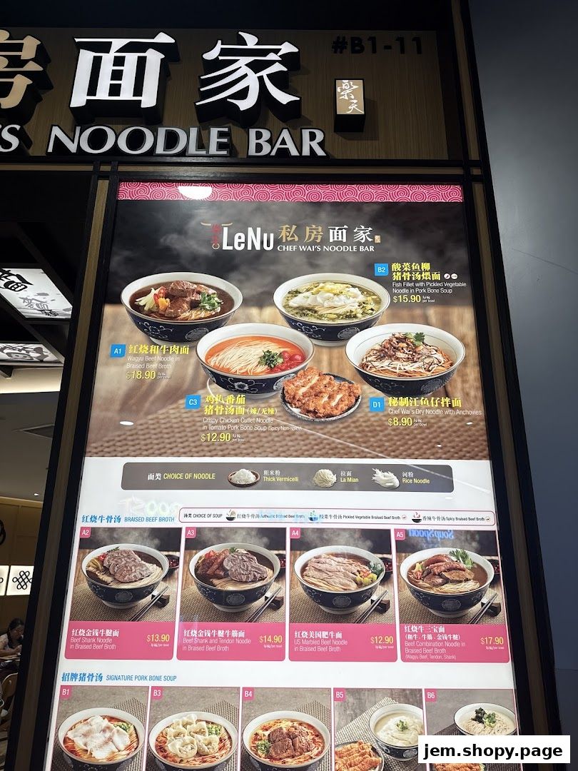 A menu board for LeNu Chef Wai's Noodle Bar featuring various noodle dishes and soups.