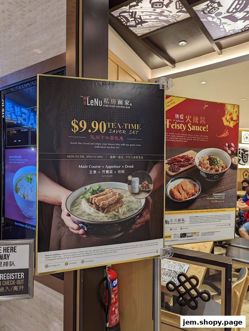 Promotional posters for LeNu Chef Wai's Noodle Bar, featuring a tea-time set and a spicy sauce dish.