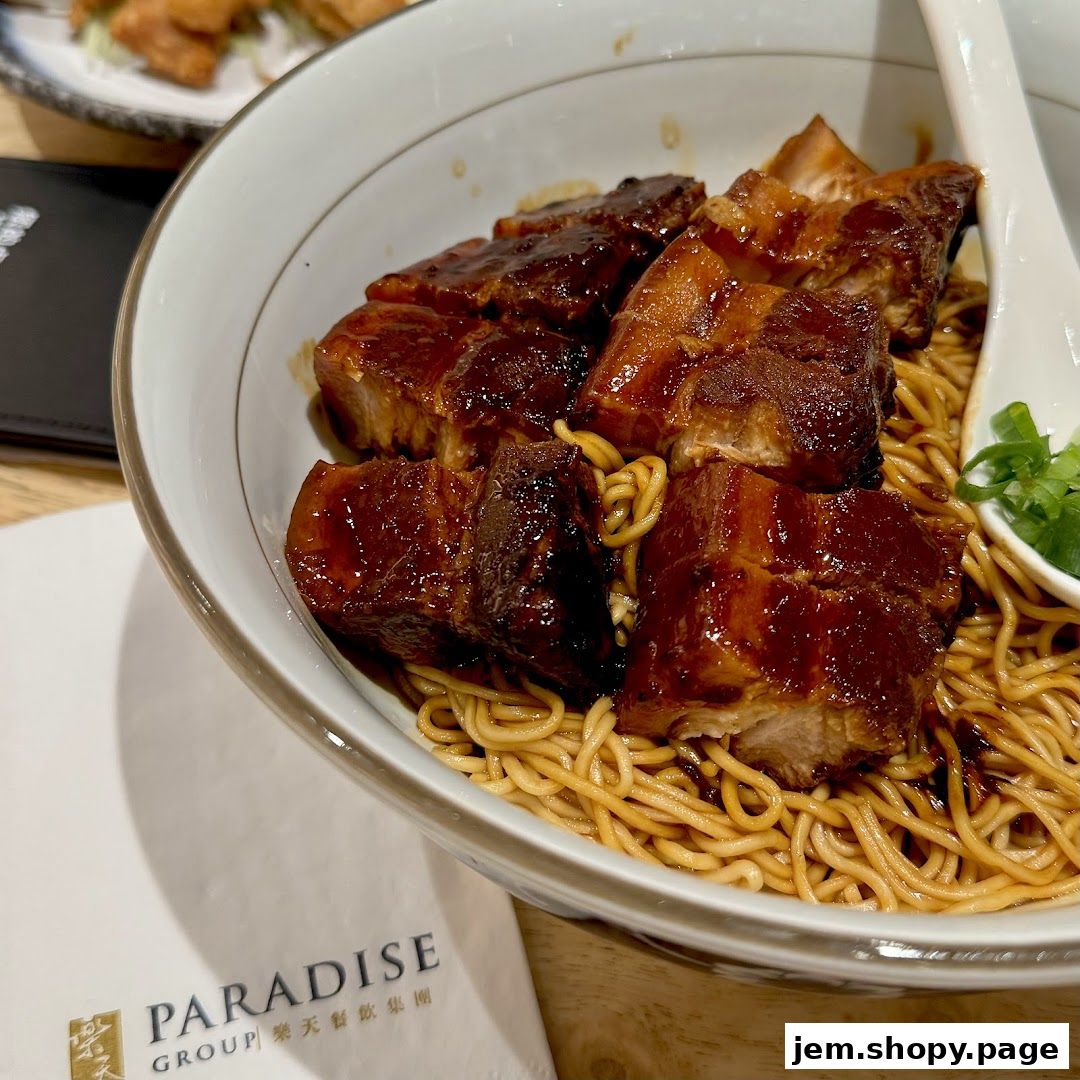 A close-up of a bowl of noodles topped with braised pork belly and garnished with scallions.