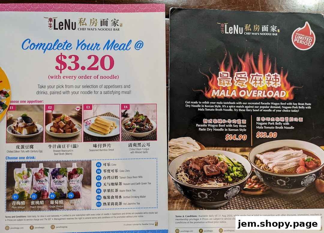 A menu from LeNu Chef Wai's Noodle Bar featuring meal deals and mala noodle options.