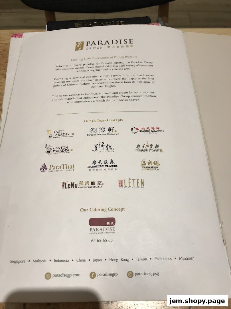 A menu from Paradise Group showcasing various restaurant concepts and catering services.